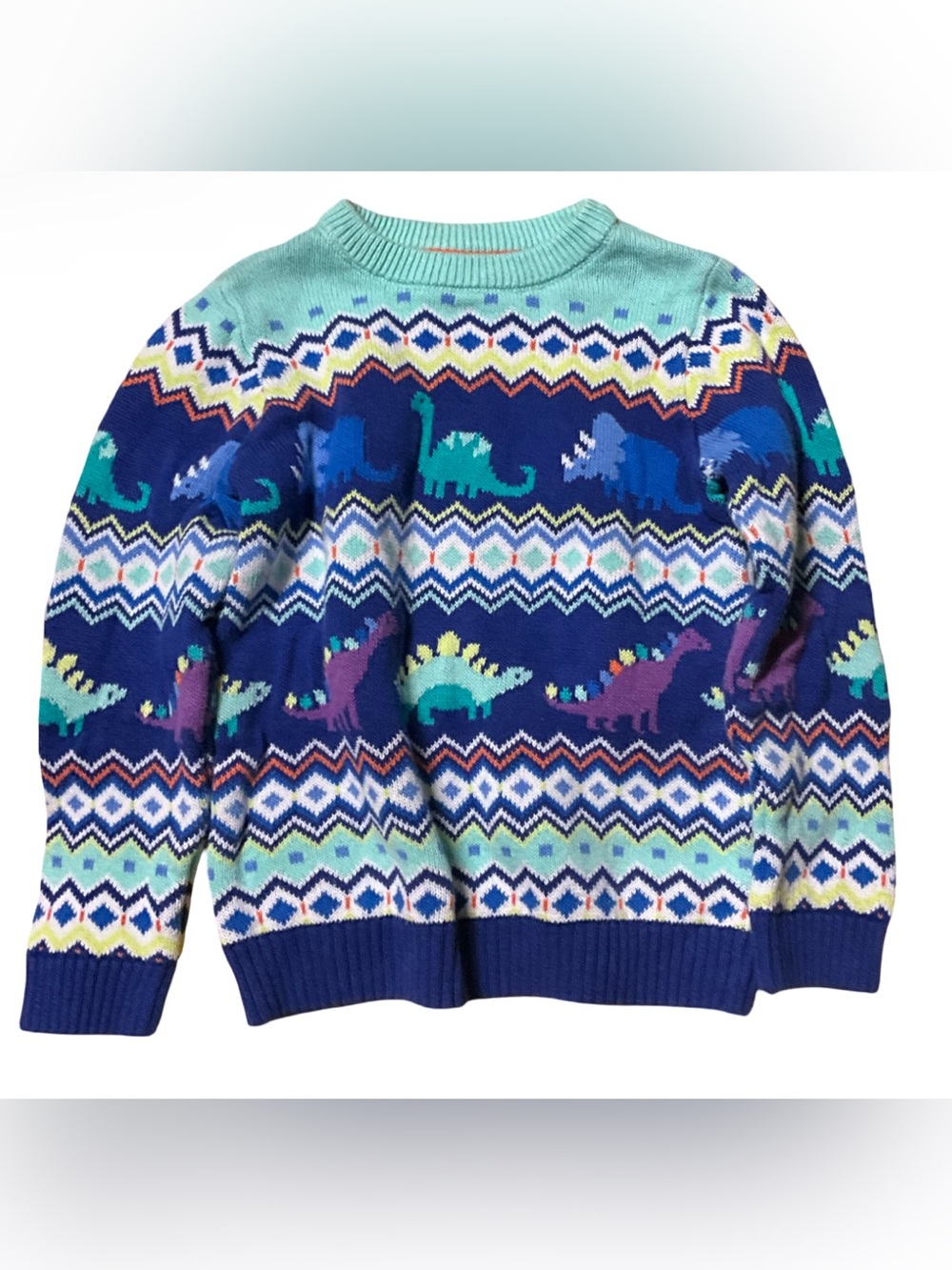 Gymboree Dinosaur Fair Isle Knit Sweater Boys Size 4T Blue Pullover Crew Neck
